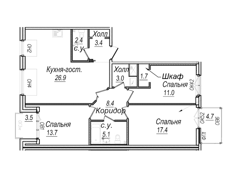 3-комнатная квартира 96.5 м², 7/8 эт., Комплекс апартаментов «Meltzer Hall»